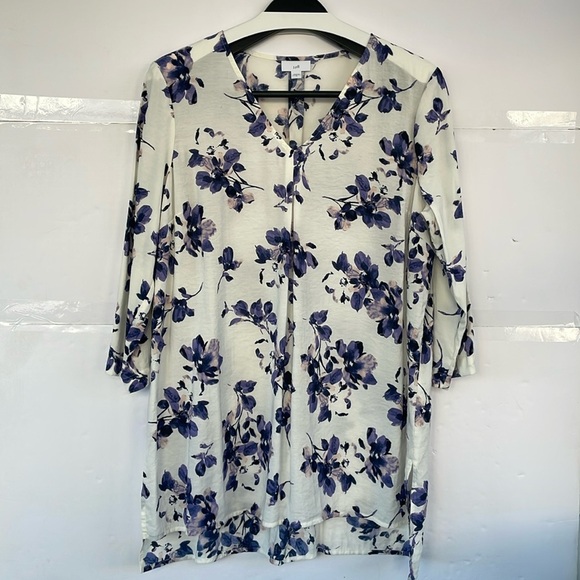 J. Jill Purple and Cream Floral V- Neck Tunic Blouse Top 3/4 Sleeve Medium - Picture 1 of 10